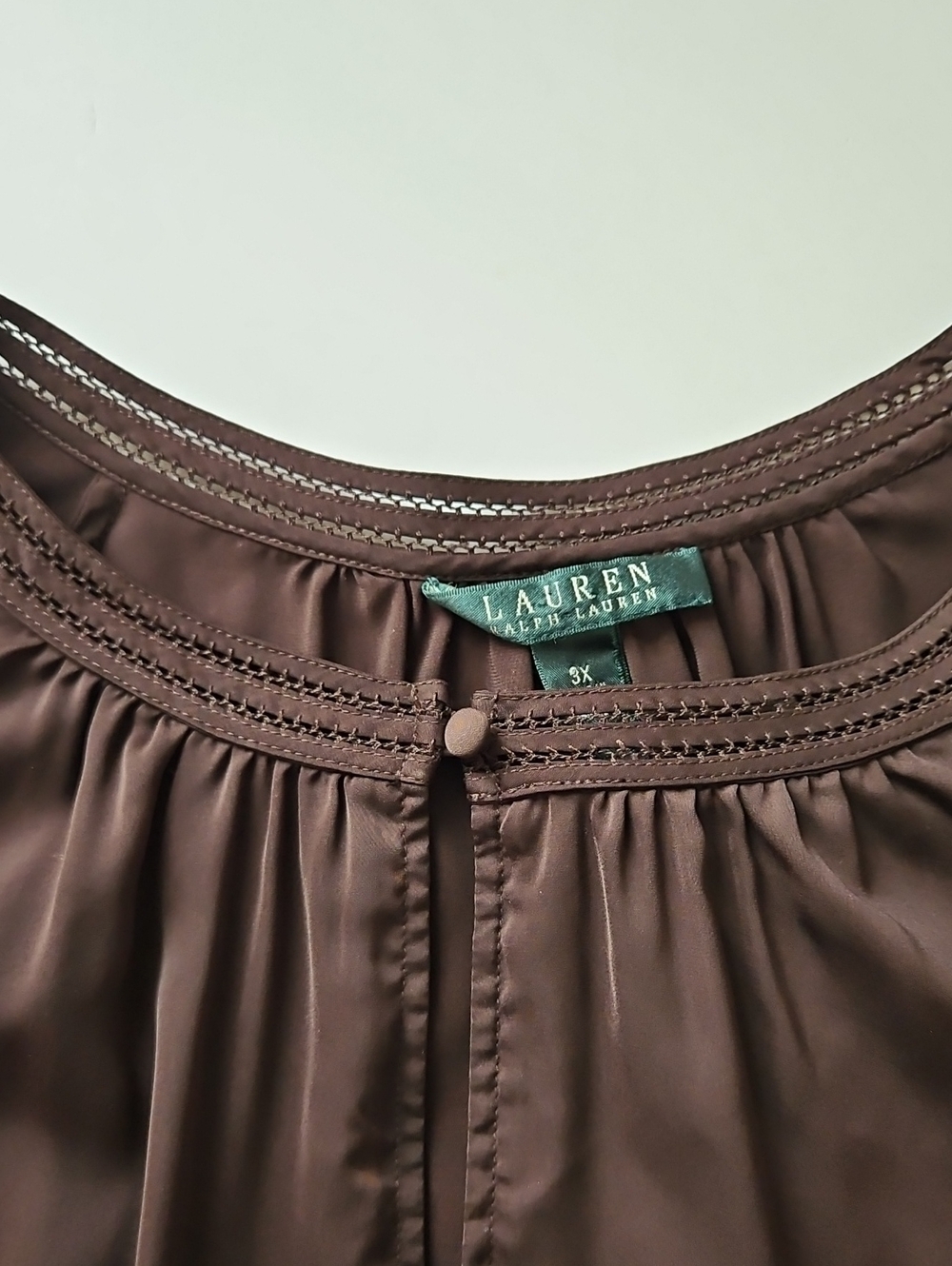 Lauren Ralph Lauren Blouse Gathered Eyelet Neck Brown Long Sleeve Boho 3X - Picture 6 of 10